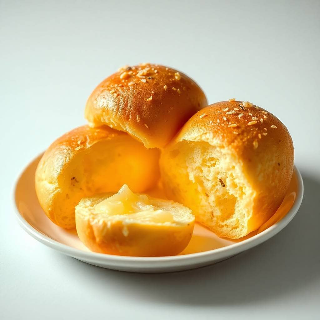 Golden garlic bread rolls with sesame seeds on white plate, one torn open revealing soft interior.