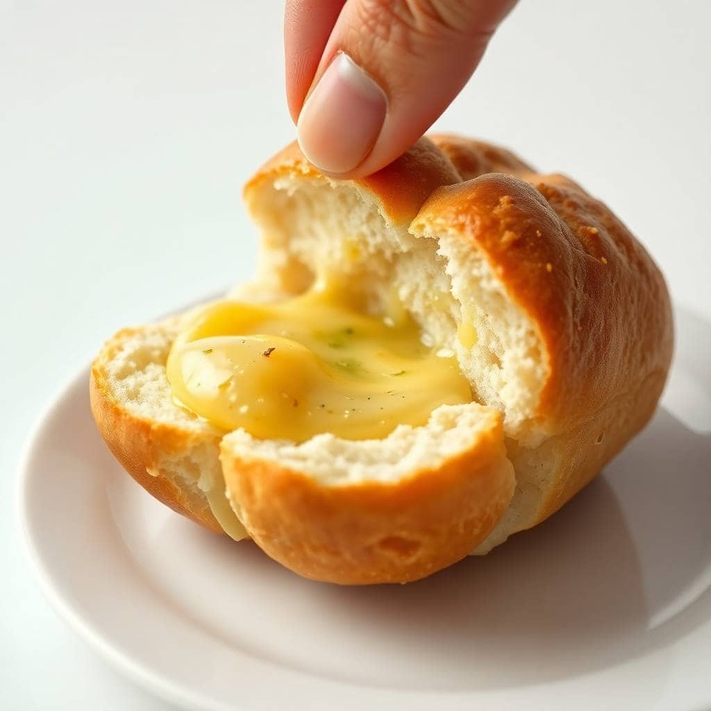 Hand pulling apart golden garlic bread roll with melted butter and herbs on white plate.