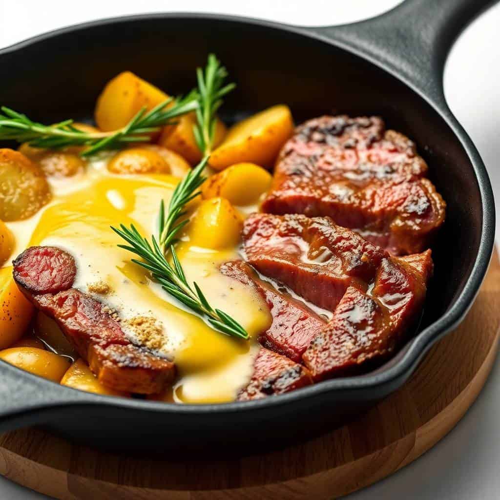 Garlic butter steak and potatoes skillet with seared meat, golden potatoes, and fresh rosemary garnish in cast iron pan.