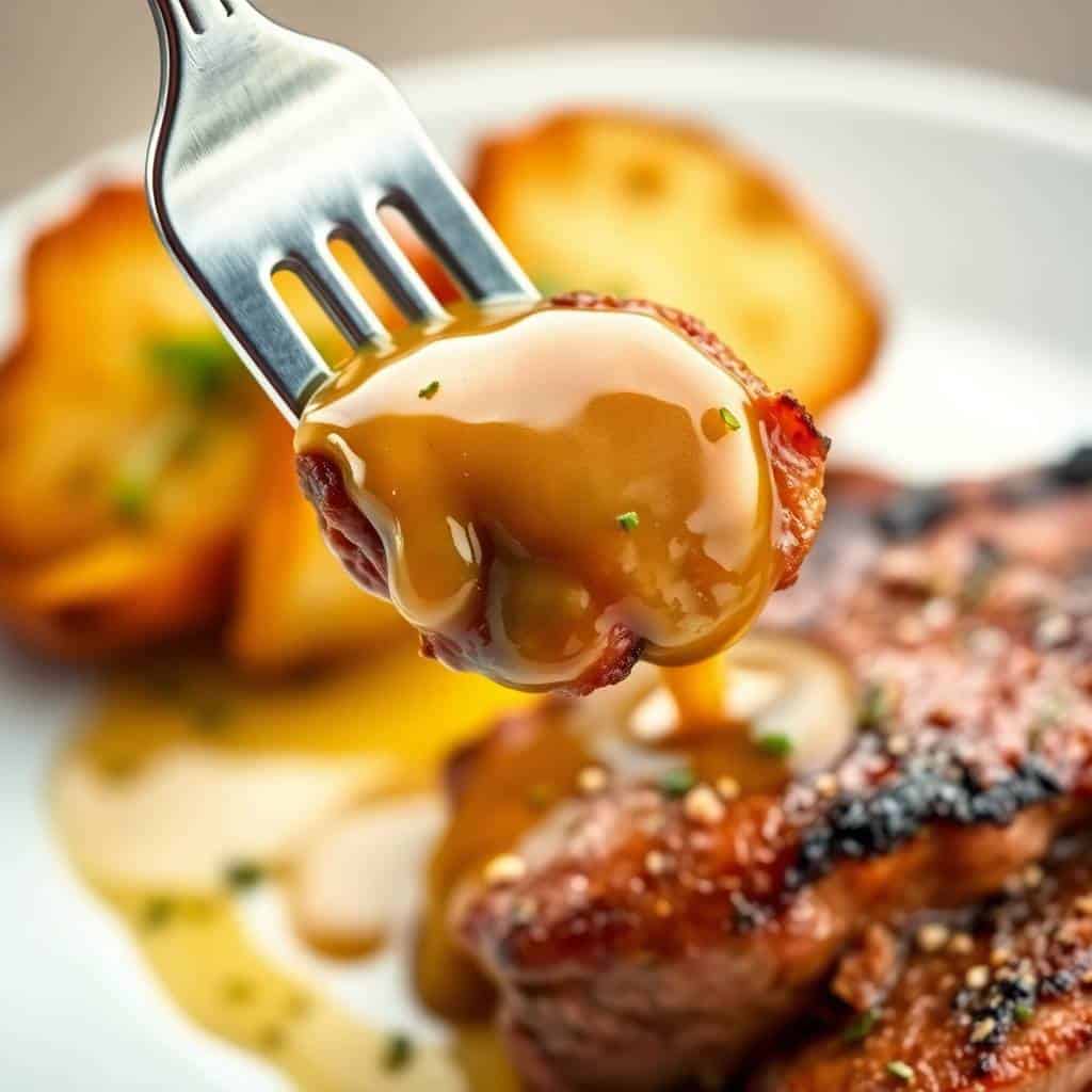 Fork piercing golden garlic butter steak with roasted potatoes and herbs on white plate.
