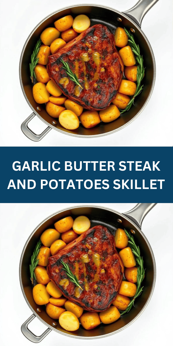 Garlic butter steak and potatoes skillet with seared meat, golden potatoes, and rosemary garnish in cast iron pan.