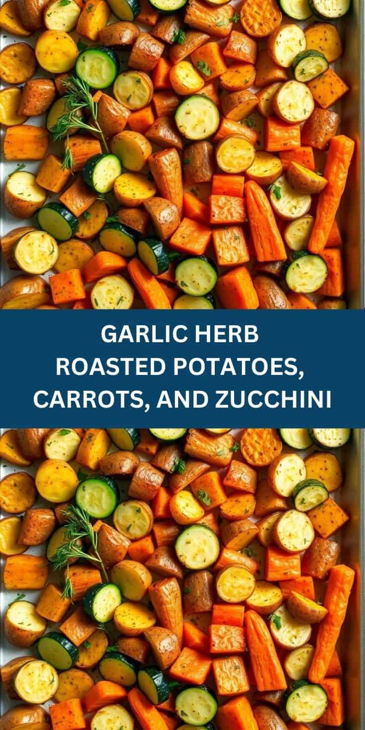 Sheet pan of garlic herb roasted potatoes, carrots, and zucchini with fresh rosemary garnish.
