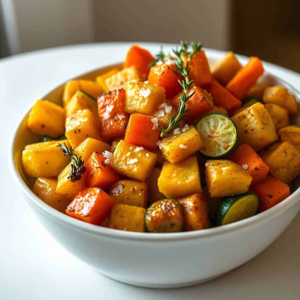 Garlic herb roasted potatoes, carrots, and zucchini in white bowl with rosemary garnish and sea salt.
