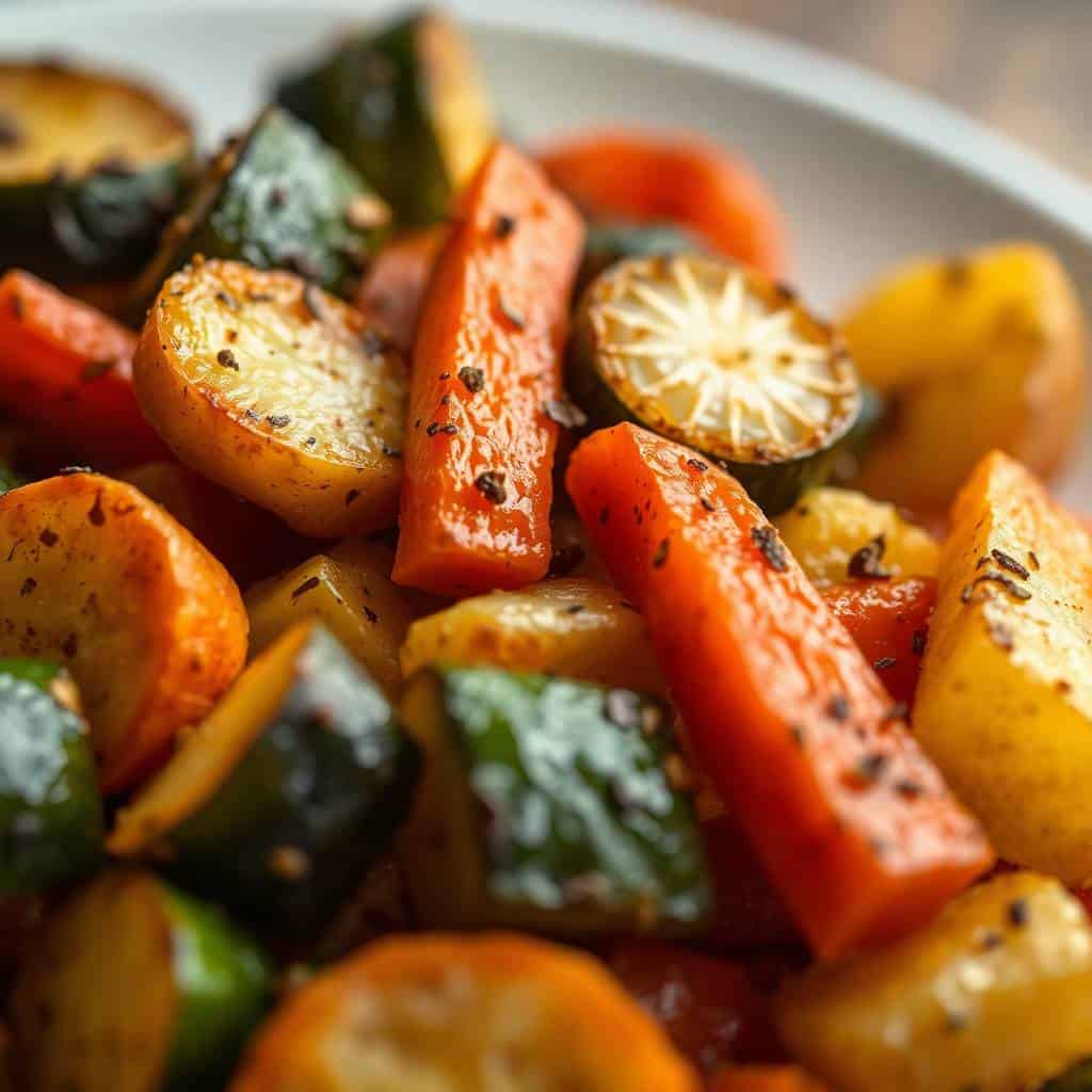Garlic herb roasted potatoes, carrots, and zucchini on white plate with charred edges and herbs.