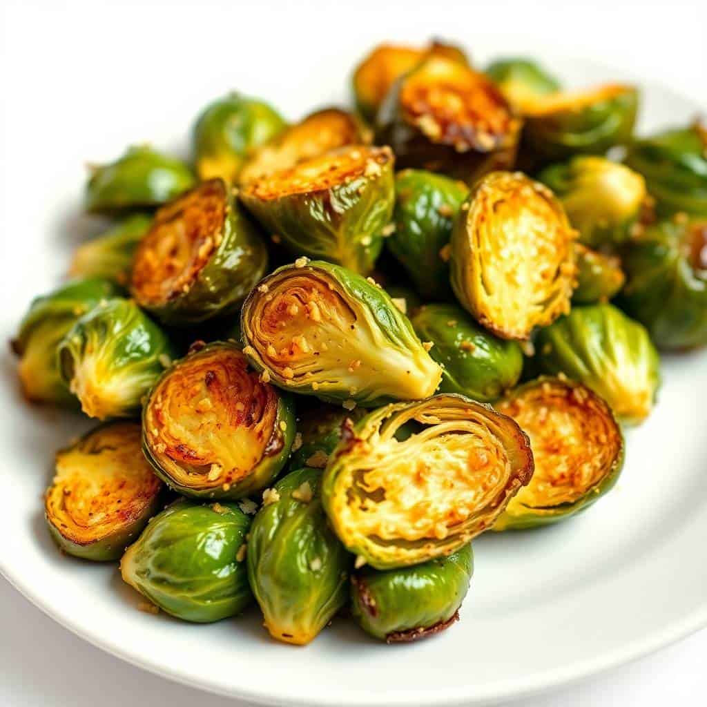 Roasted brussels sprouts with golden-brown caramelized edges on a white plate.