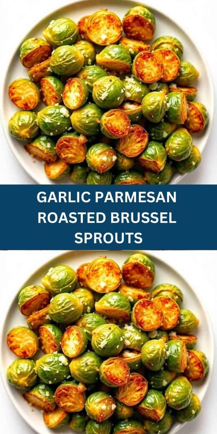 Garlic Parmesan roasted Brussels sprouts with caramelized golden-brown edges on white plate.