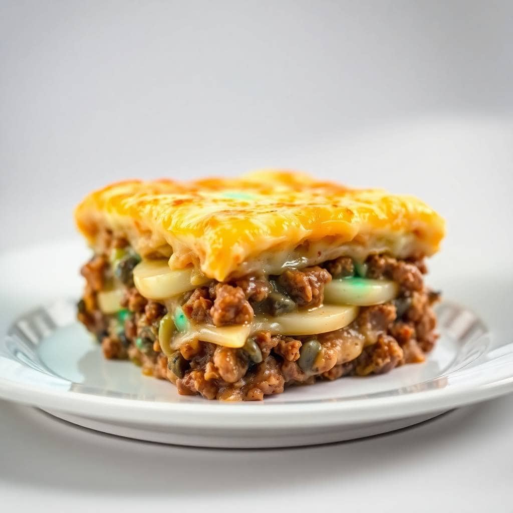 Golden-topped Hobo Casserole with ground beef, potatoes, and vegetables on white plate.