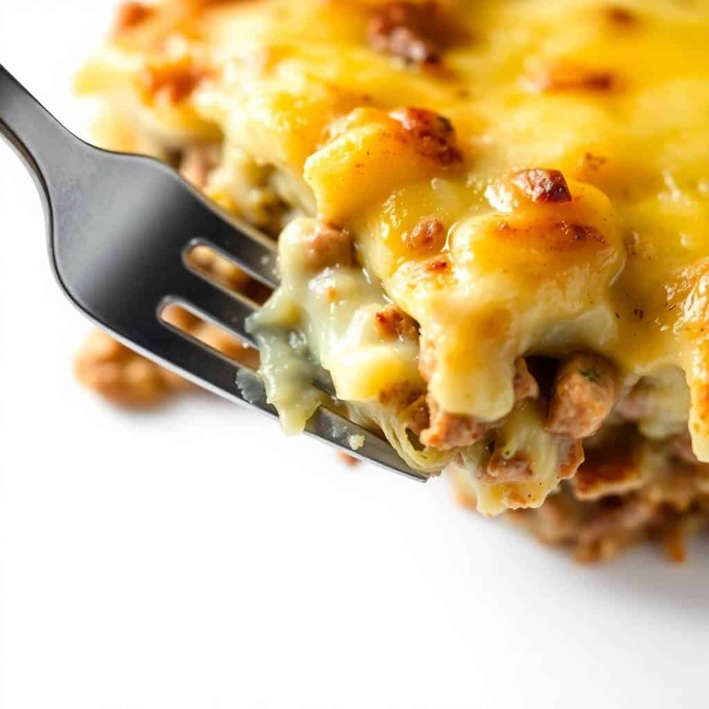Hobo casserole with melted cheese topping and ground meat filling, served on white plate with fork.