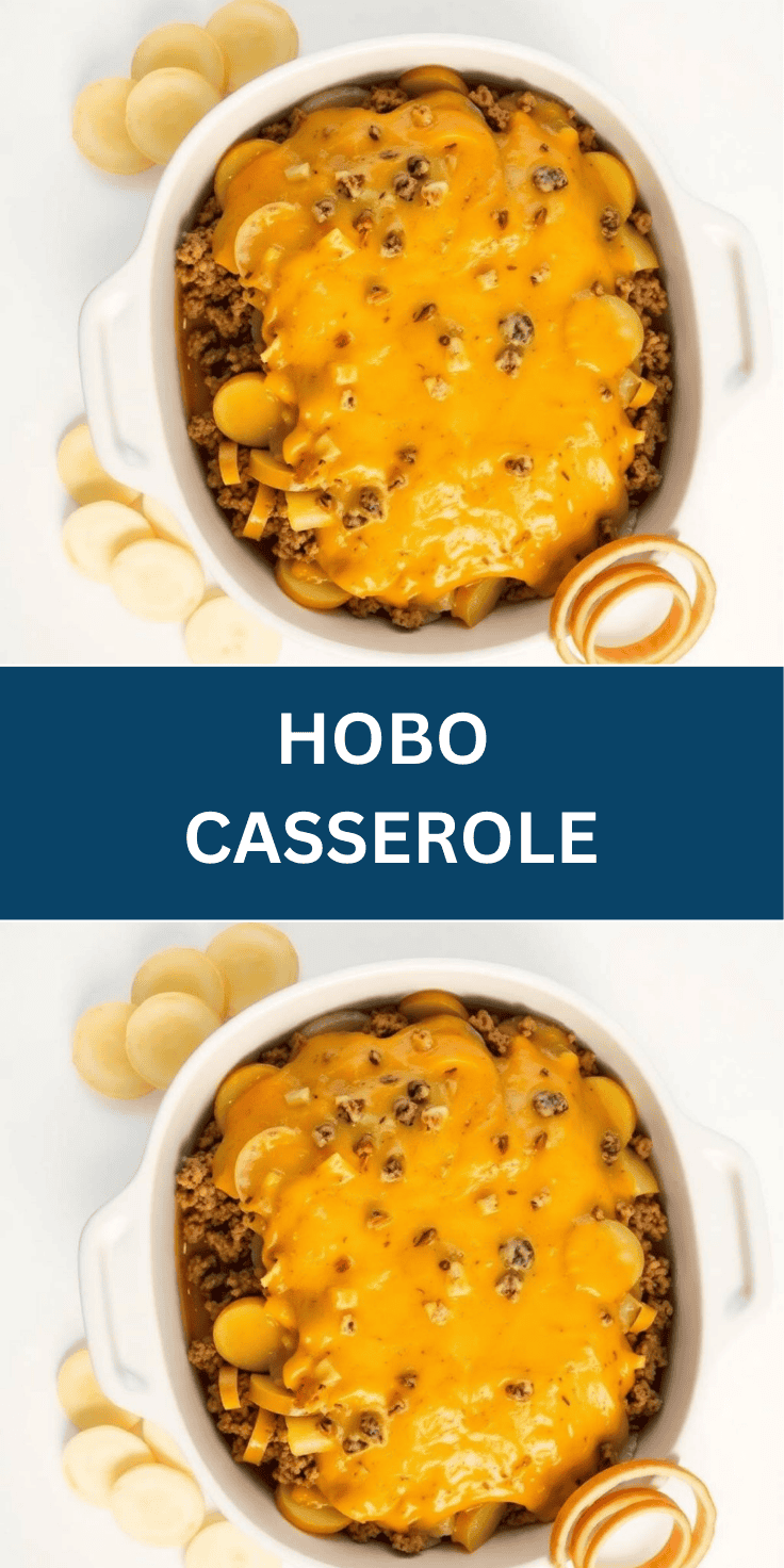 Hobo casserole with ground beef, melted cheddar cheese, and onions in white baking dish.