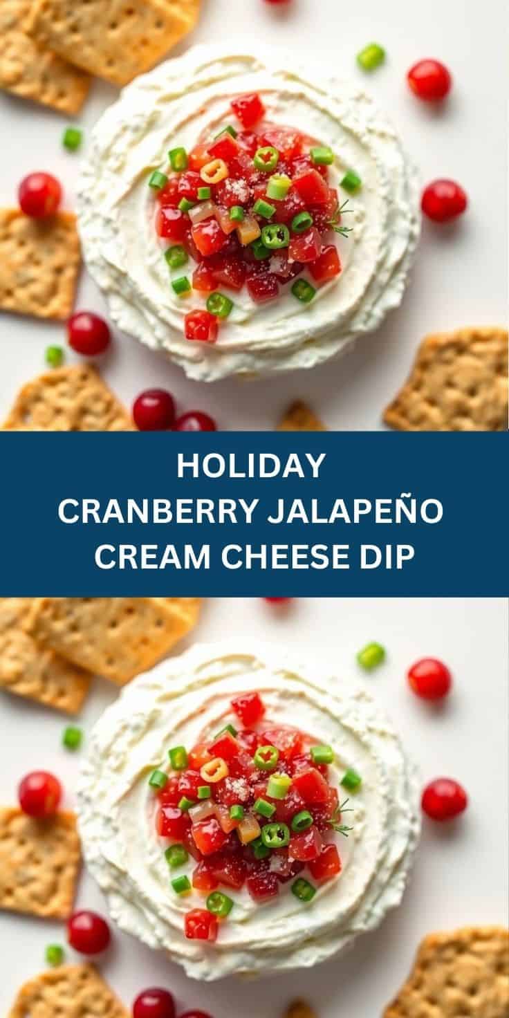 Holiday Cranberry Jalapeño Cream Cheese Dip with crackers, garnished with red cranberries, green jalapeños, and fresh ro...