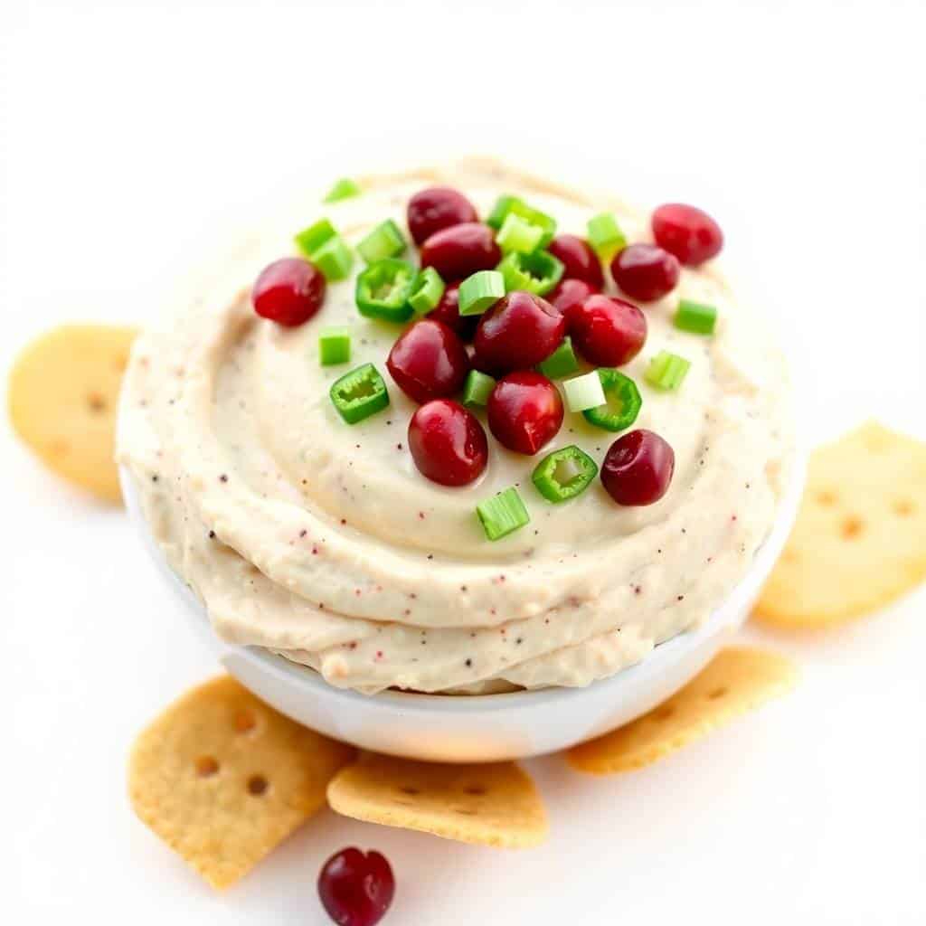 Cranberry jalapeño cream cheese dip garnished with red cranberries and green jalapeño slices, served with crackers.