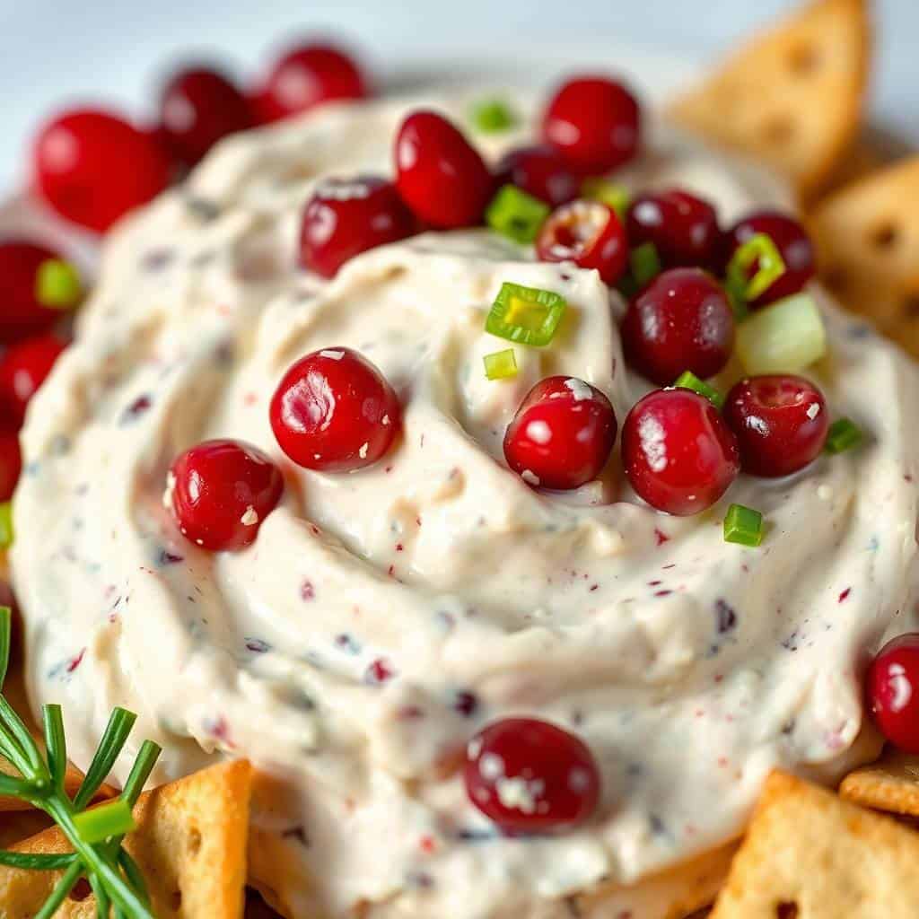Cranberry jalapeño cream cheese dip garnished with fresh cranberries and chives, served with crackers.