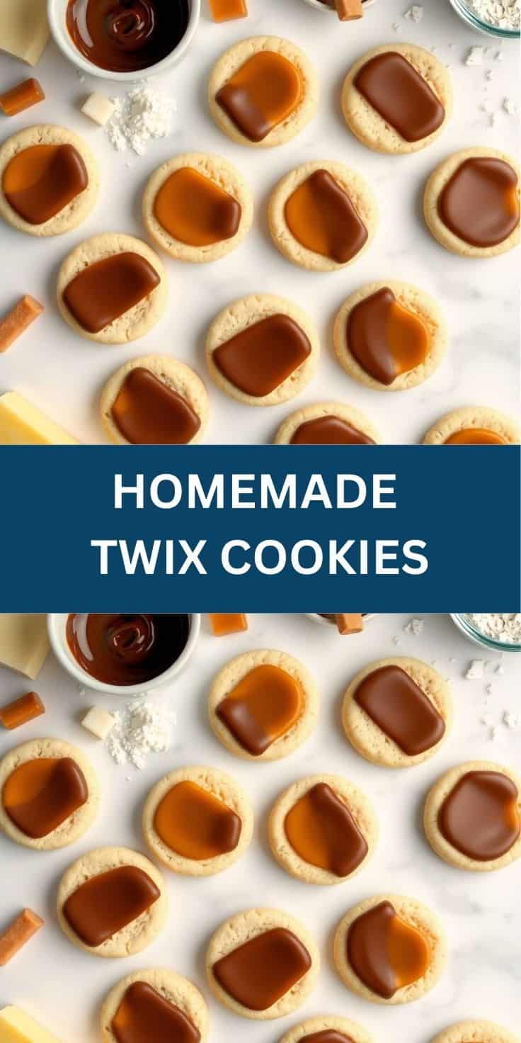 Homemade Twix cookies with caramel and chocolate filling on shortbread bases arranged on white surface.