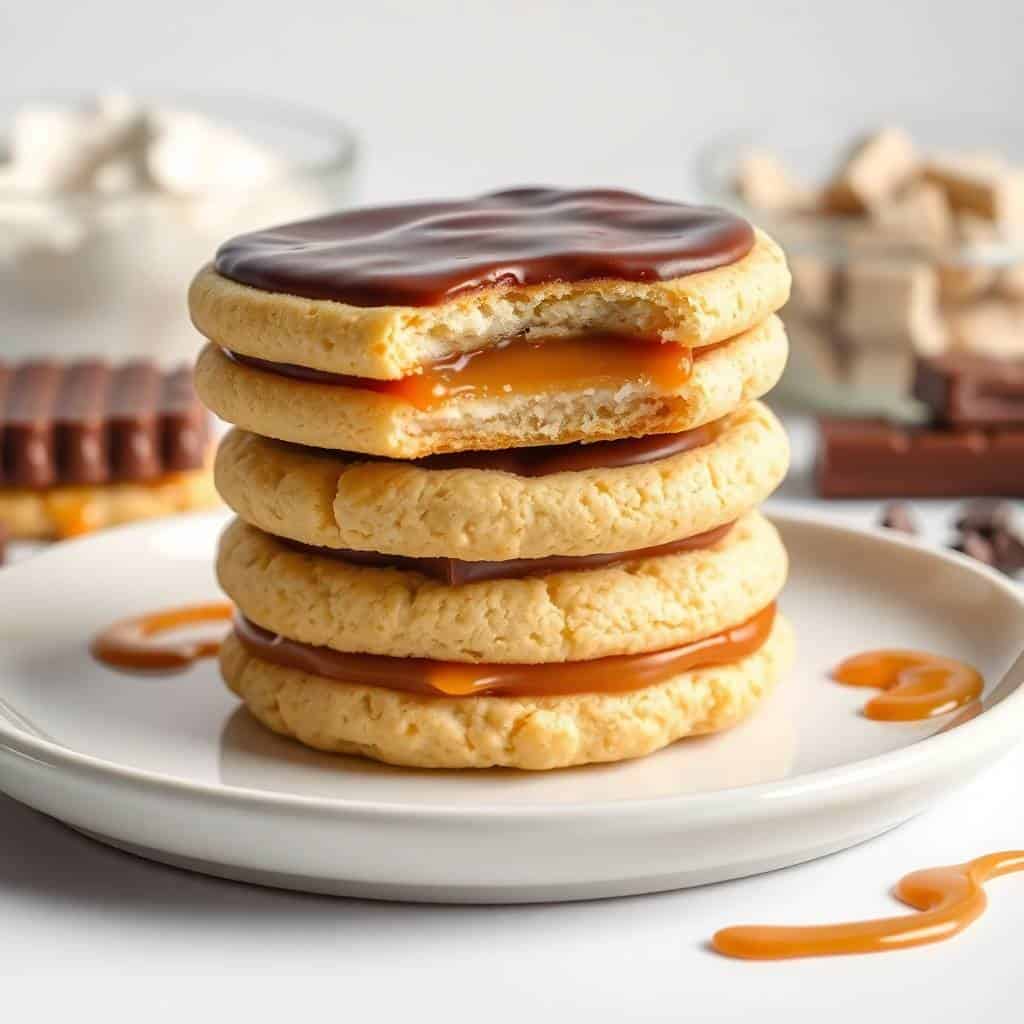 Stack of homemade Twix cookies with caramel and chocolate layers on white plate.