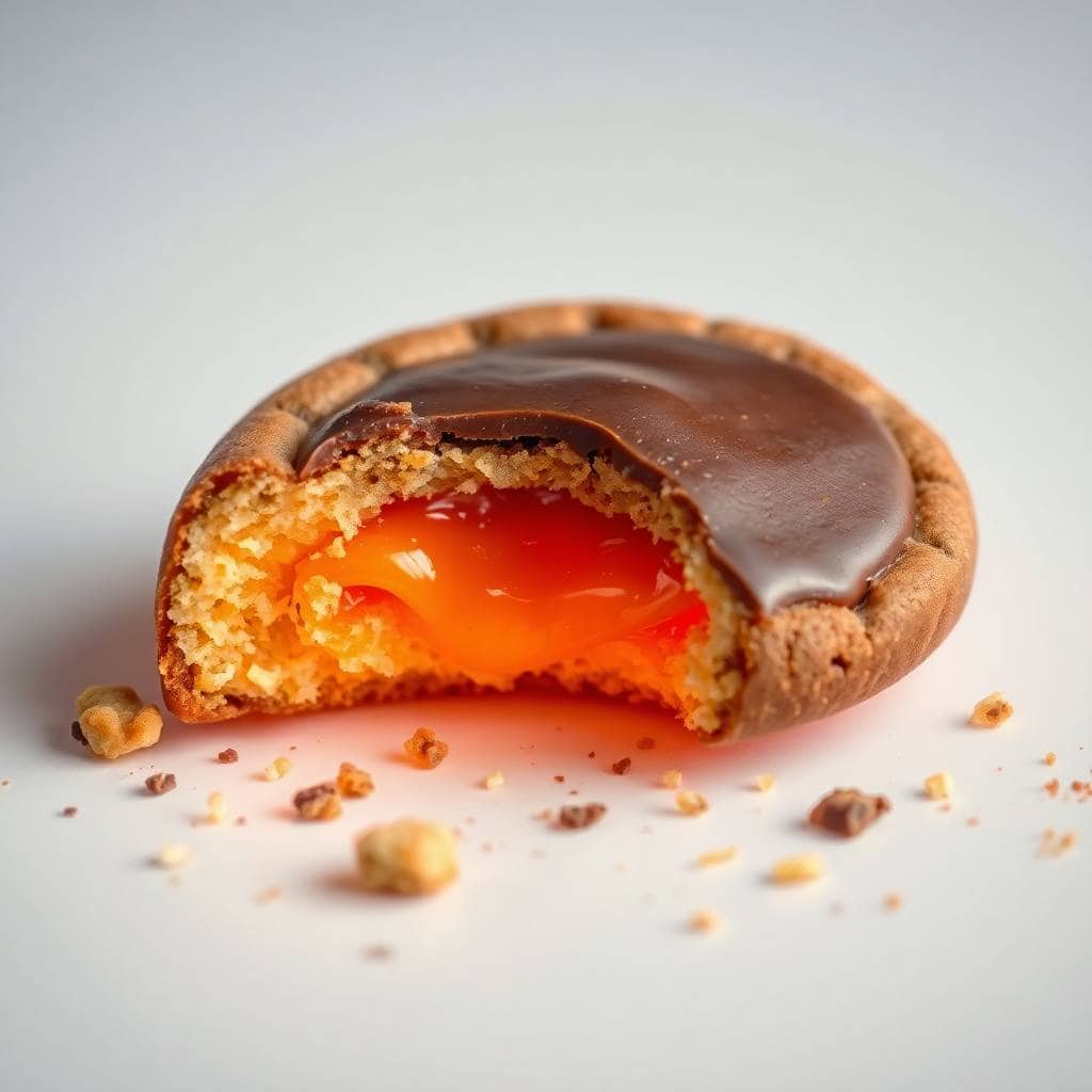Homemade Twix cookie broken in half, revealing caramel filling and chocolate coating, crumbs scattered.
