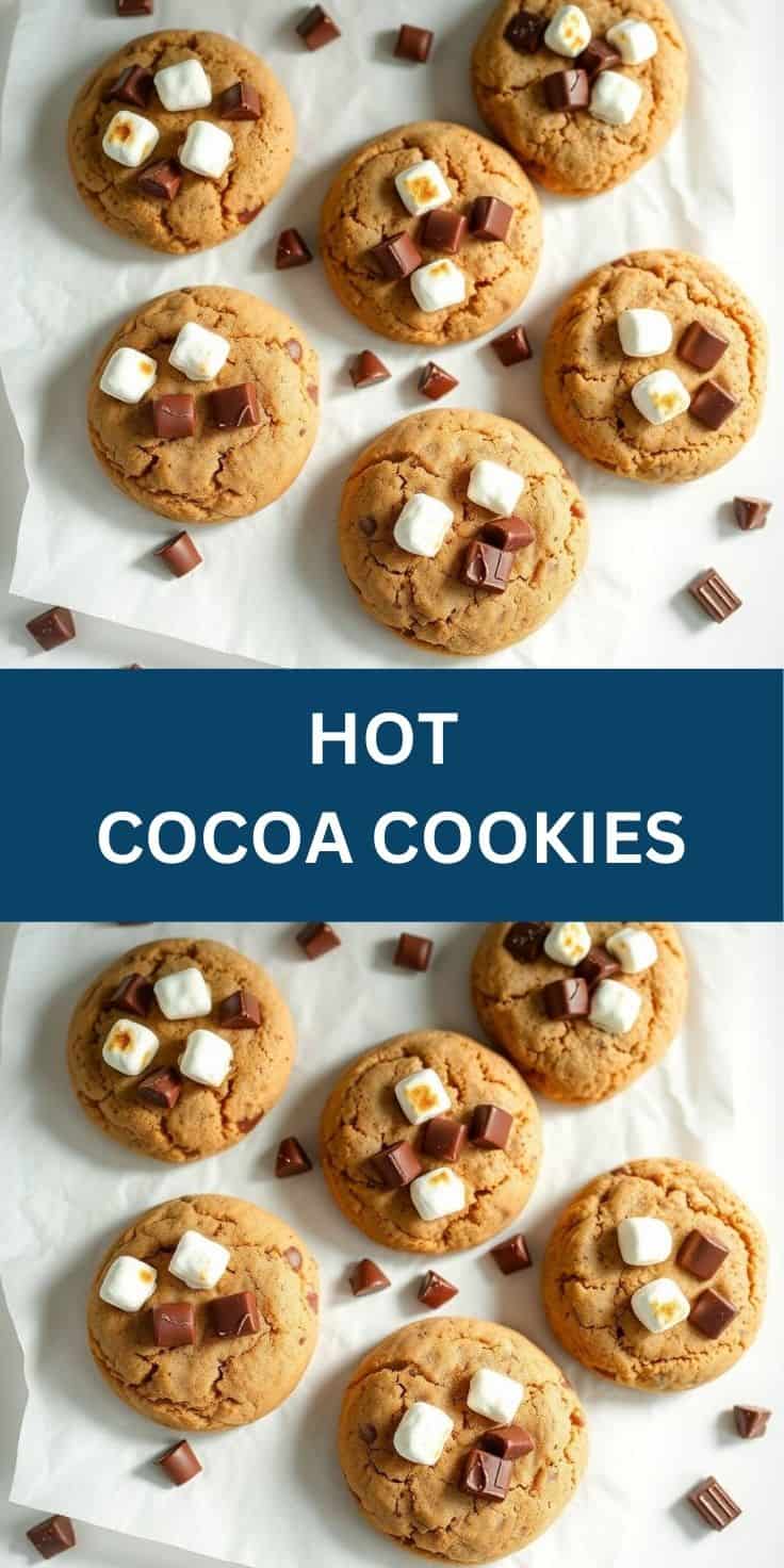 Hot cocoa cookies topped with chocolate chunks and marshmallows arranged on white parchment paper.