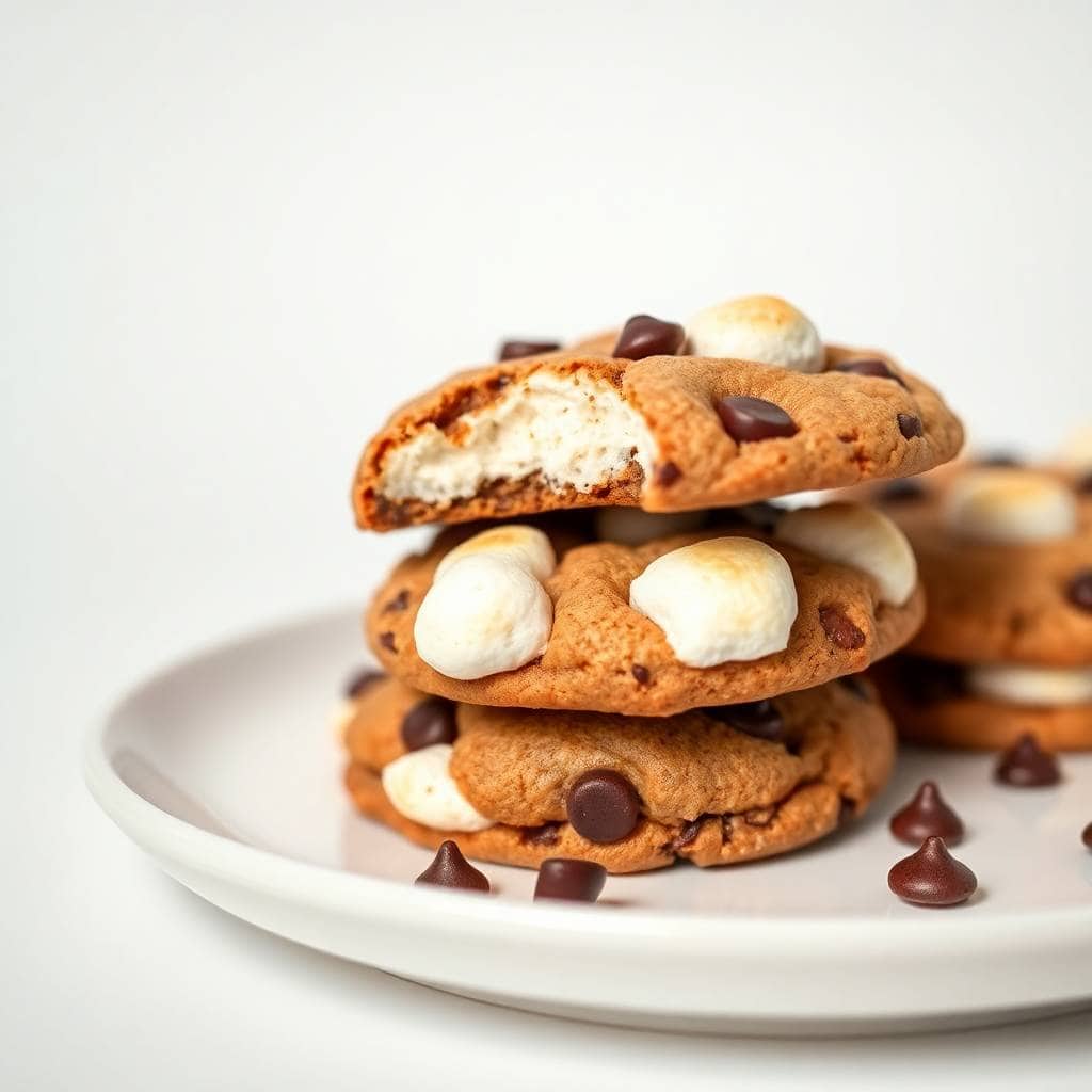 Stacked hot cocoa cookies with chocolate chips and white marshmallow pieces on a white plate.