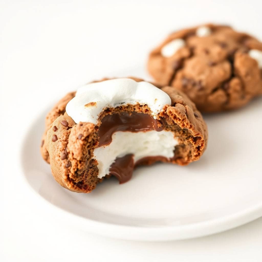 Hot cocoa cookie broken in half, revealing chocolate filling and marshmallow, on white plate.