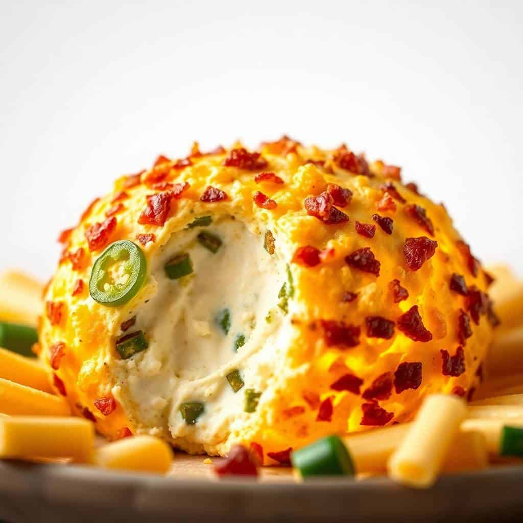 Jalapeño popper cheese ball with golden cheese coating, red pepper flakes, and jalapeño slices, surrounded by crackers.