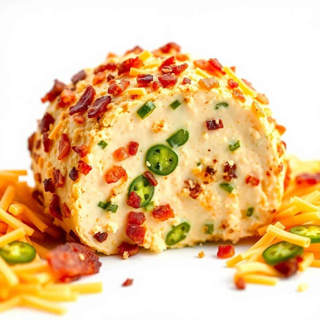 Jalapeño popper cheese ball coated with bacon and cheddar, topped with jalapeño slices and served with shredded cheese.