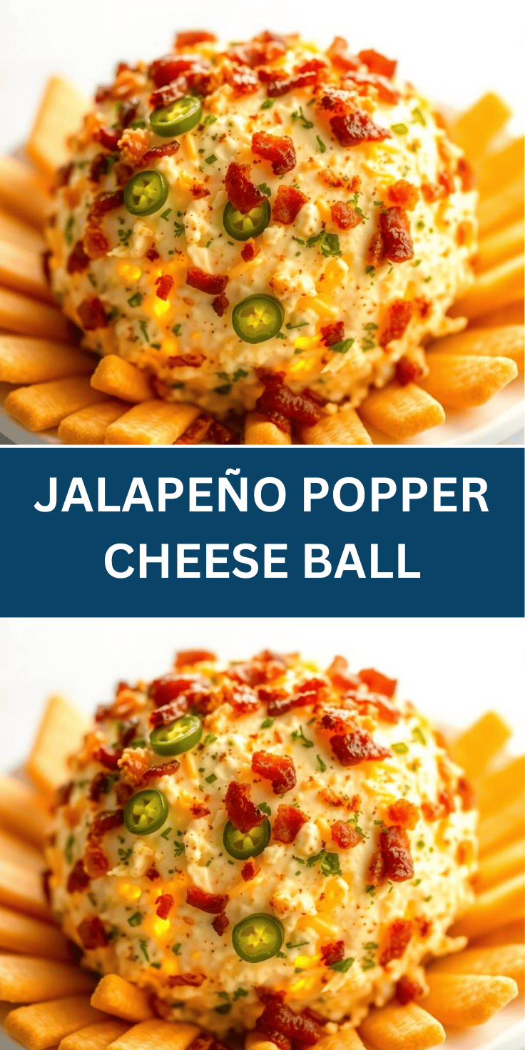 Jalapeño popper cheese ball topped with bacon, jalapeño slices, and herbs, surrounded by cheese crackers.