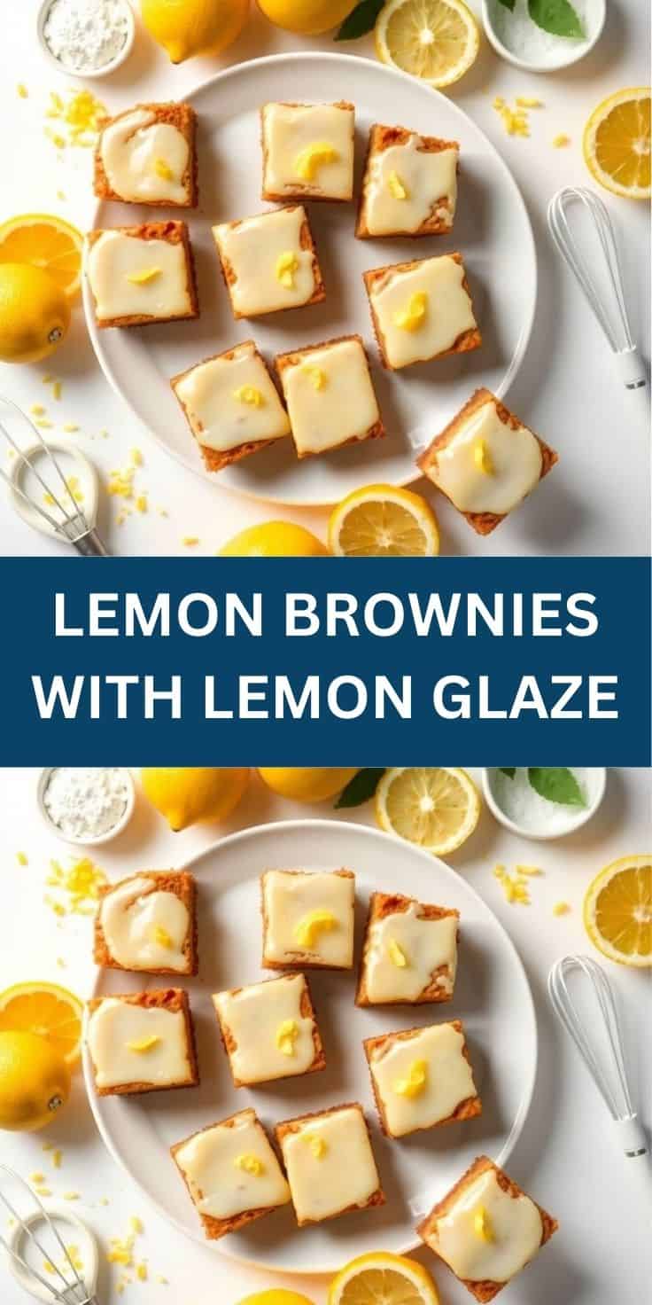Lemon brownies with white glaze and zest garnish arranged on white plate with fresh lemons.