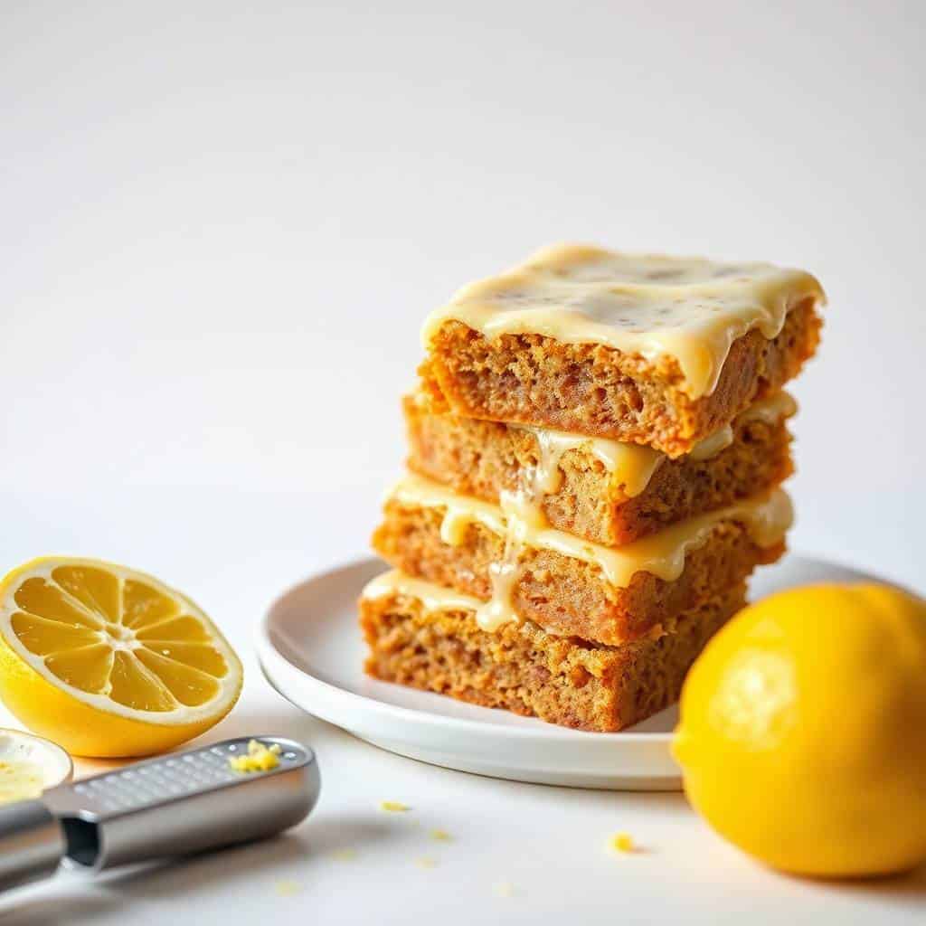 Stacked lemon brownies with tangy glaze on white plate, fresh lemons and zester nearby.