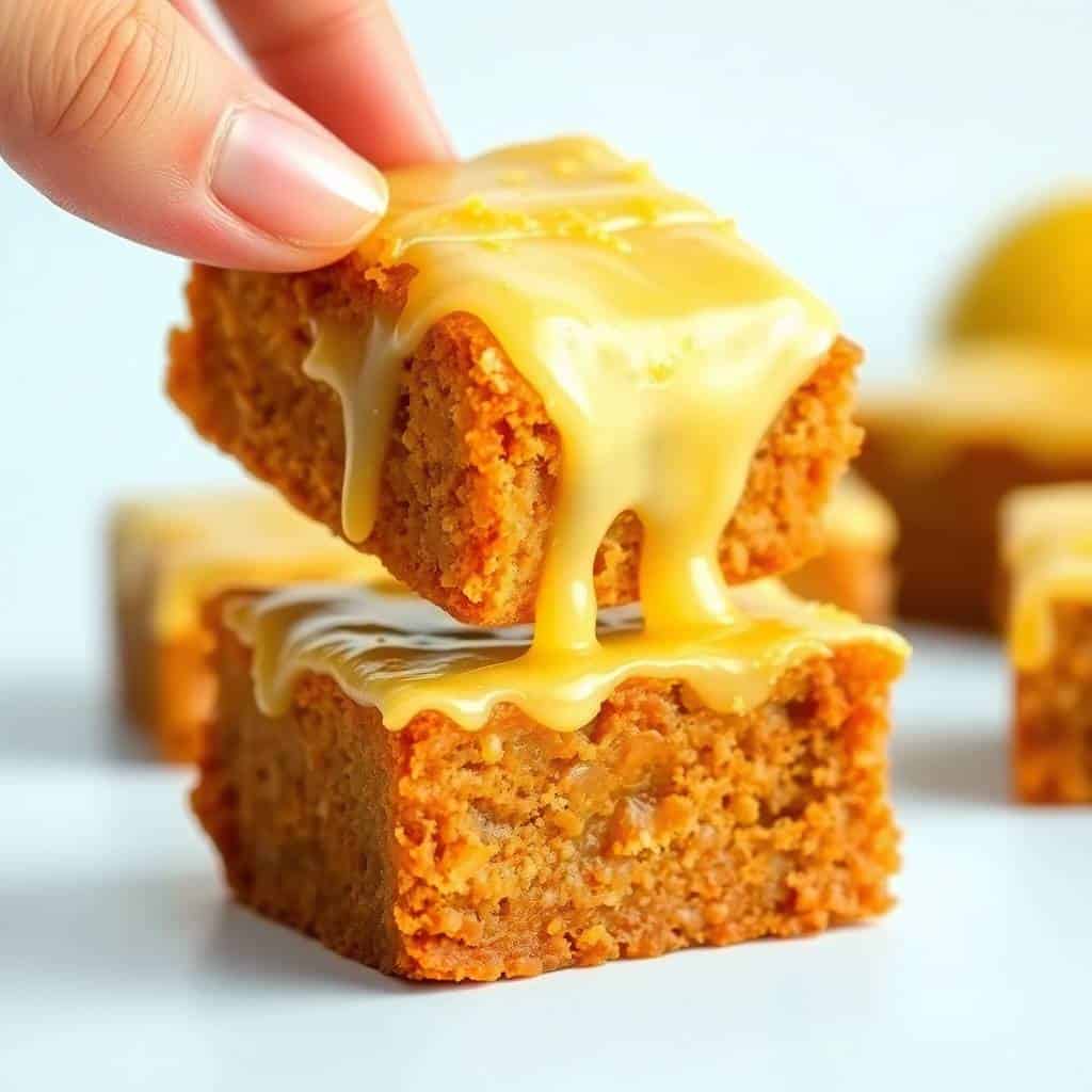 Hand holding lemon brownie with dripping yellow glaze, golden crumb texture visible, white surface background.