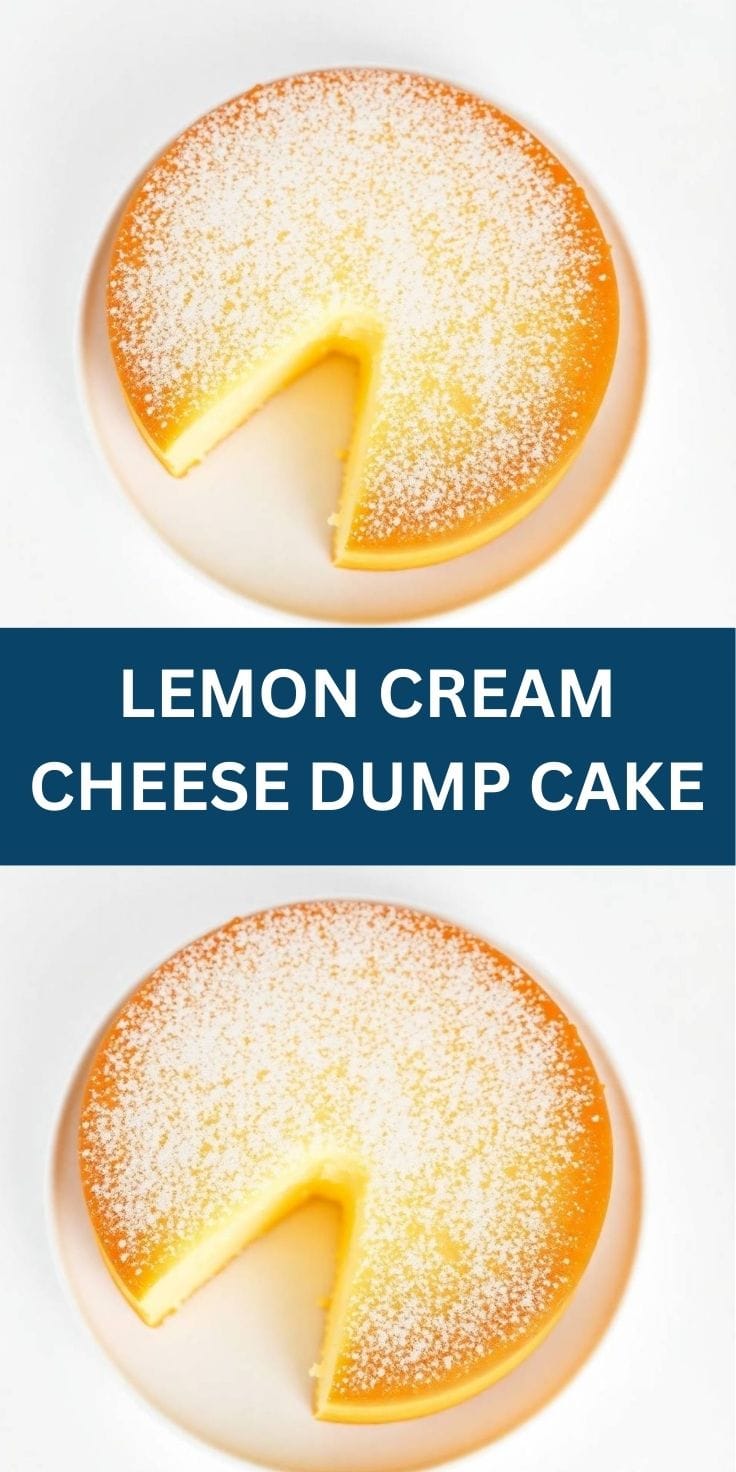 Lemon cream cheese dump cake dusted with powdered sugar, one slice removed, on white plate.
