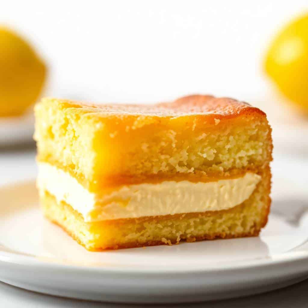 Slice of lemon cream cheese dump cake with golden sponge, creamy filling, and lemon garnish on white plate.