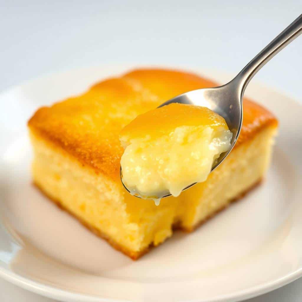 Lemon cream cheese dump cake slice on white plate with fork taking a bite, golden-brown top.