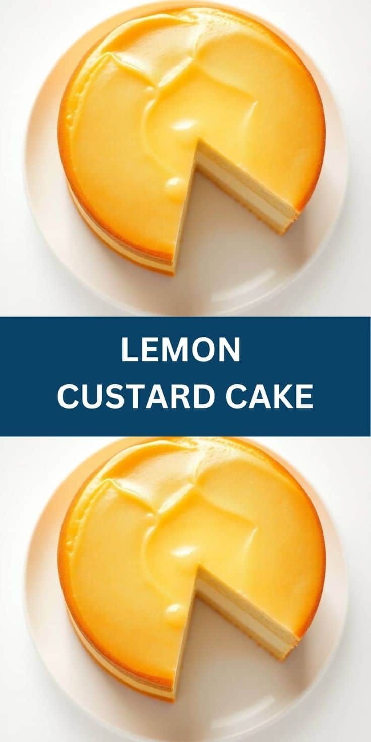 Lemon custard cake with glossy yellow topping, sliced on white plate, showing creamy filling.