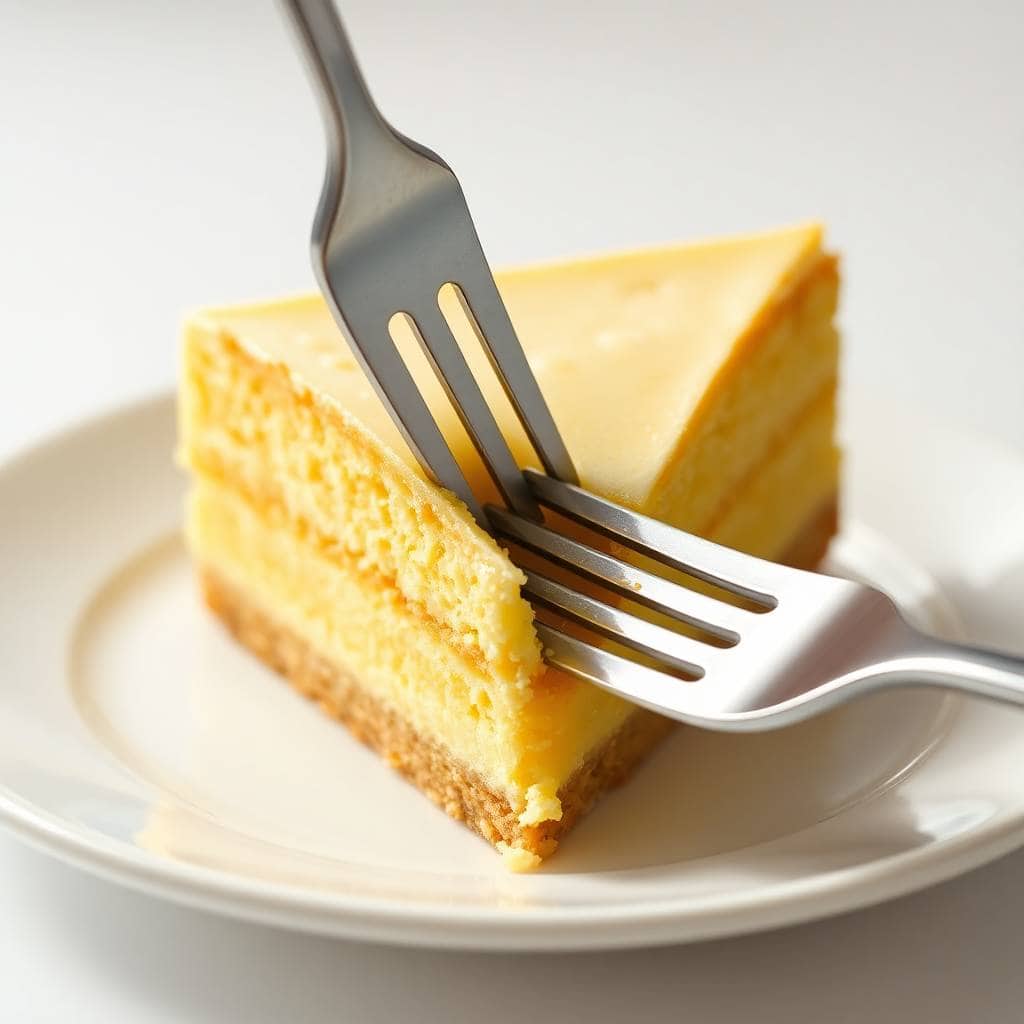Fork cutting into layered lemon custard cake slice on white plate with light background.