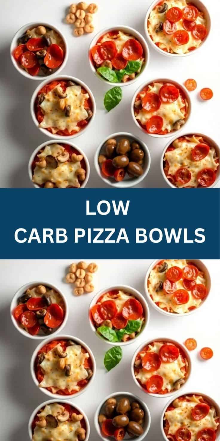 Multiple white bowls of low carb pizza bowls topped with melted cheese, pepperoni, and olives on white background.