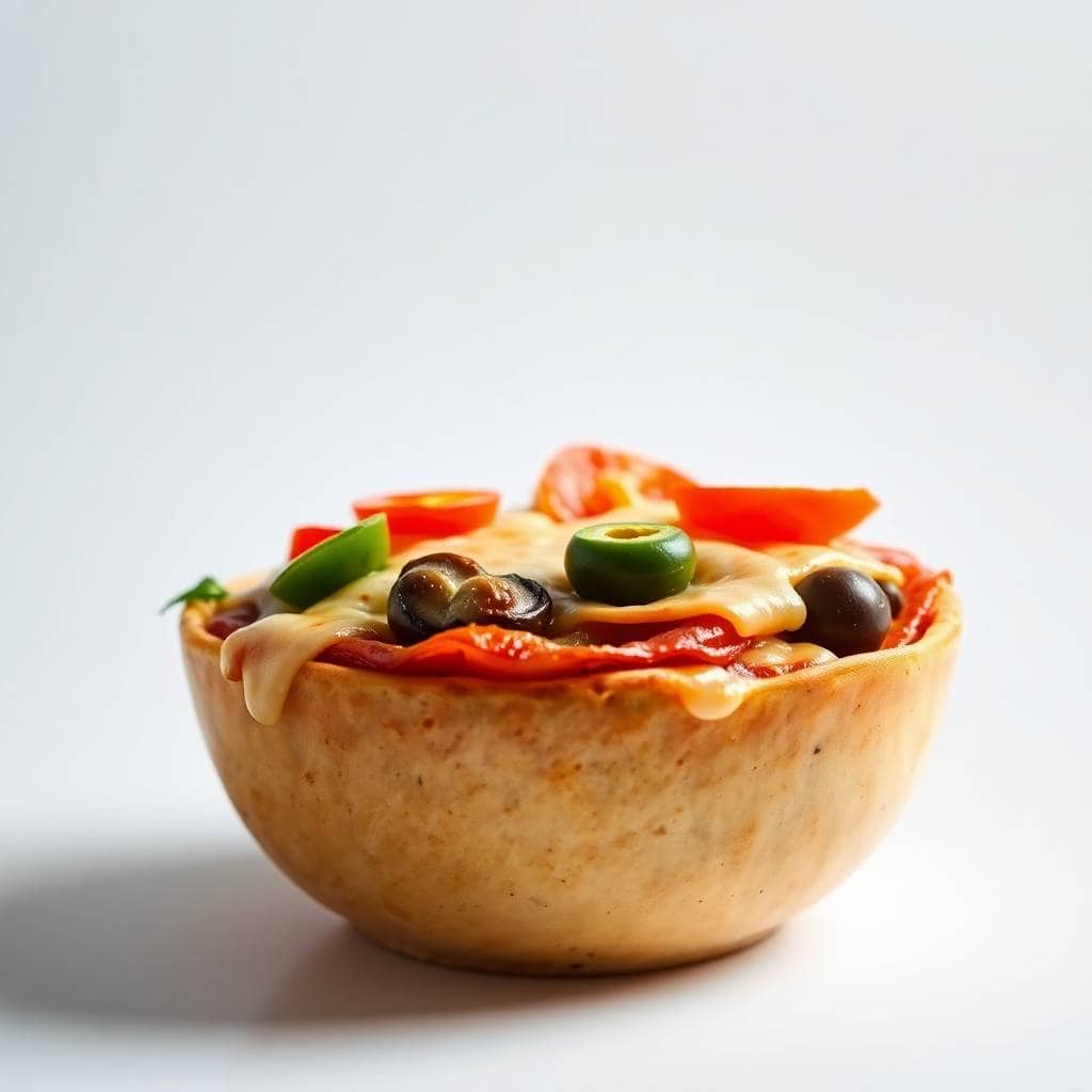 Low carb pizza bowl with melted cheese, black olives, red peppers, and green peppers in edible bowl.