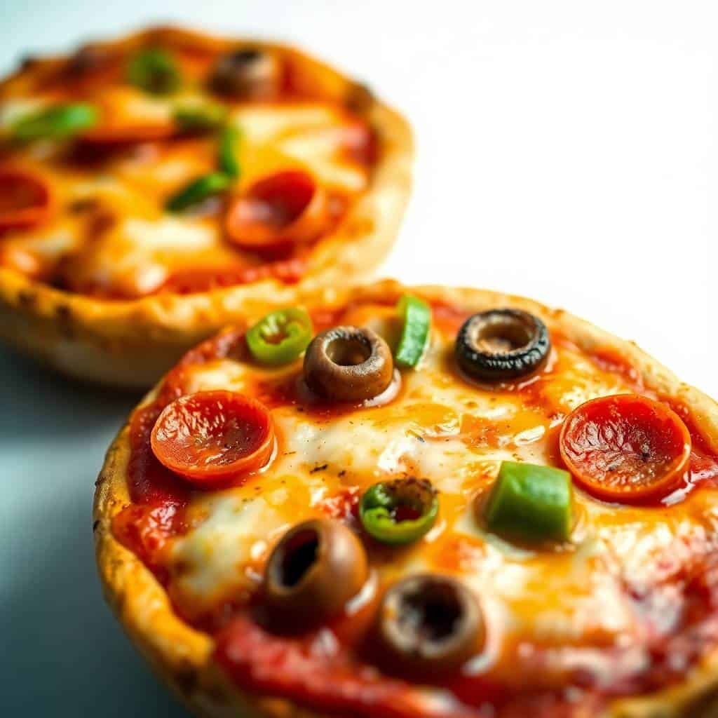 Two low carb pizza bowls topped with cheese, pepperoni, olives, and jalapeños on white surface.