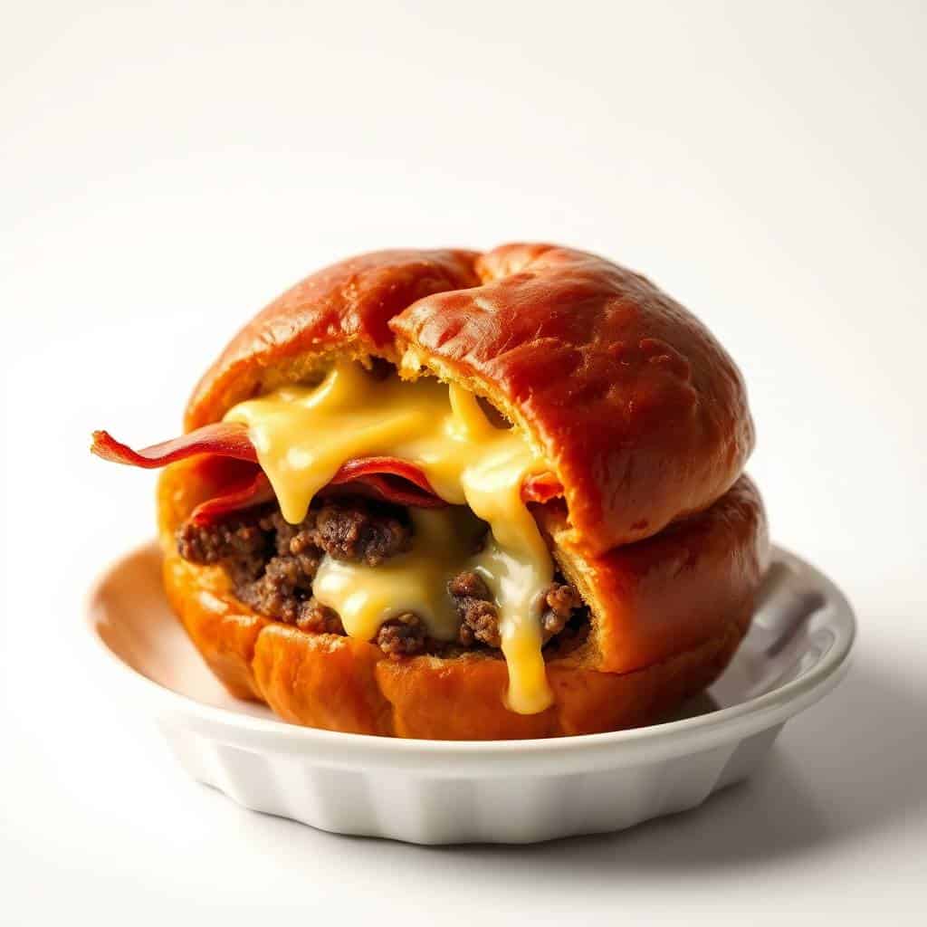 Maple bacon cheeseburger on brioche bun with melted cheese and bacon, served on white plate.