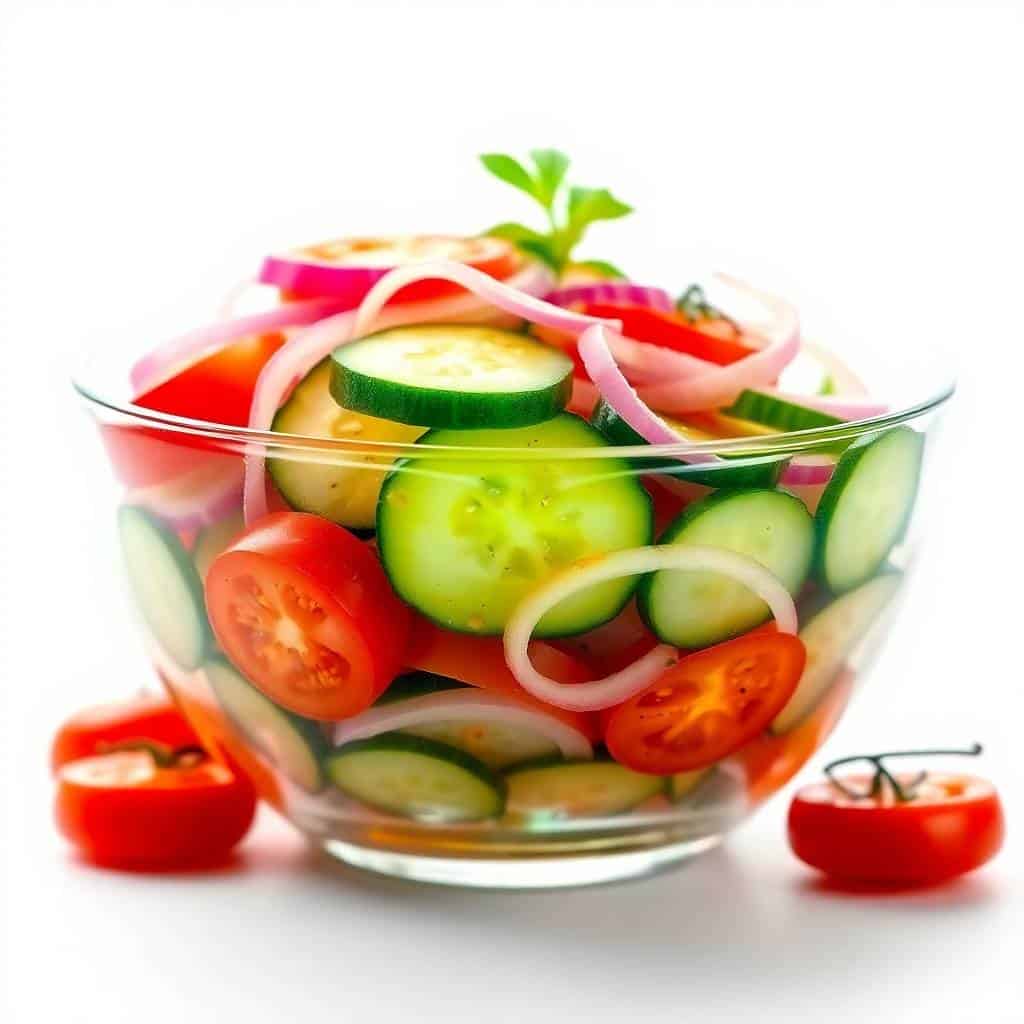Fresh marinated cucumber, tomato, and onion salad in glass bowl with herb garnish.
