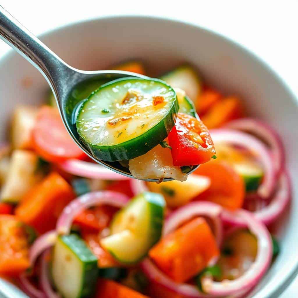 Spoon holding marinated cucumber, tomato, and red onion salad with fresh herbs over white bowl.