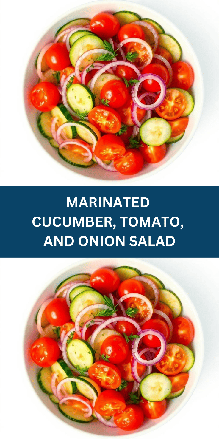 Marinated cucumber, tomato, and onion salad arranged on a white plate with fresh herbs.