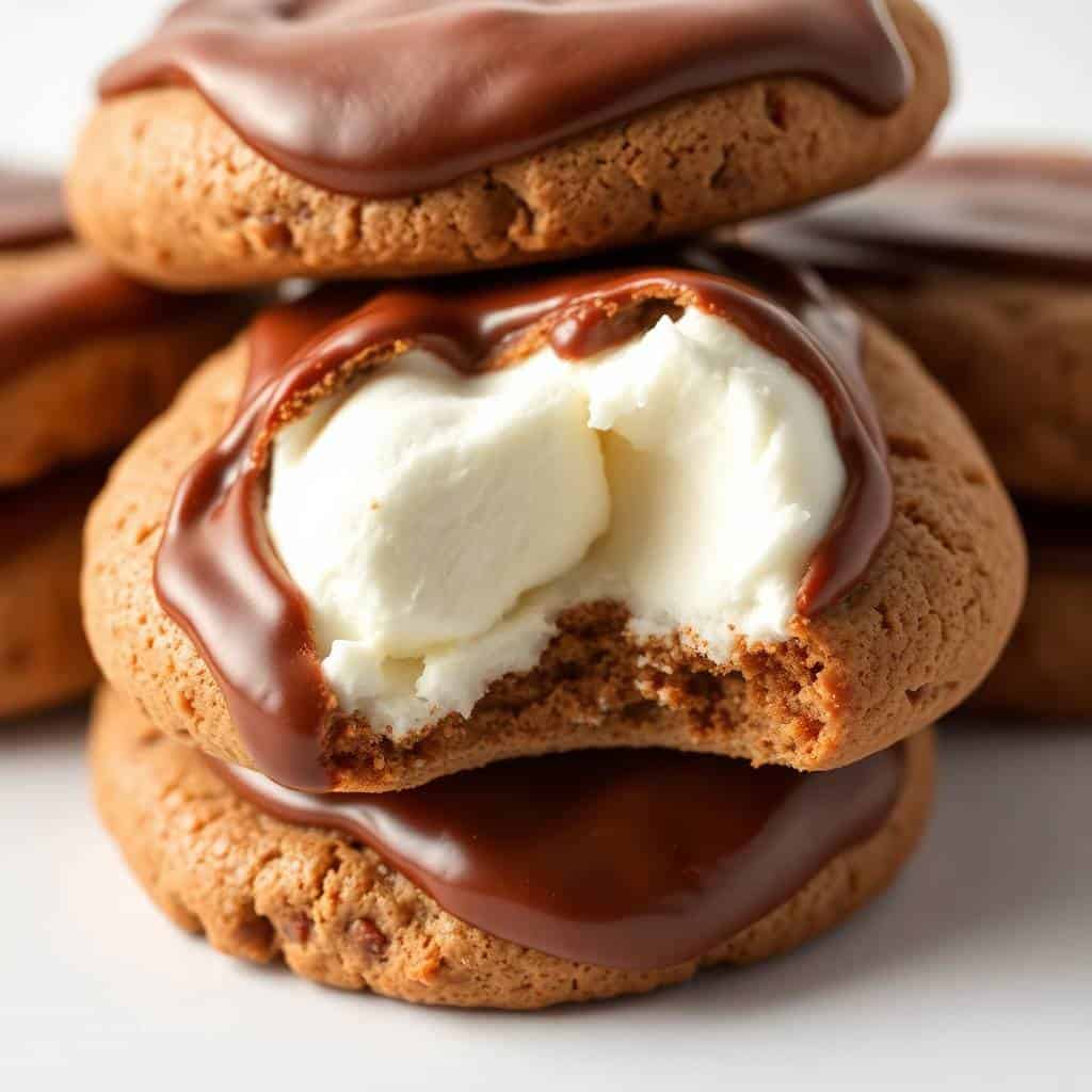 Chocolate cookies with melted chocolate coating and white marshmallow filling stacked on white surface.