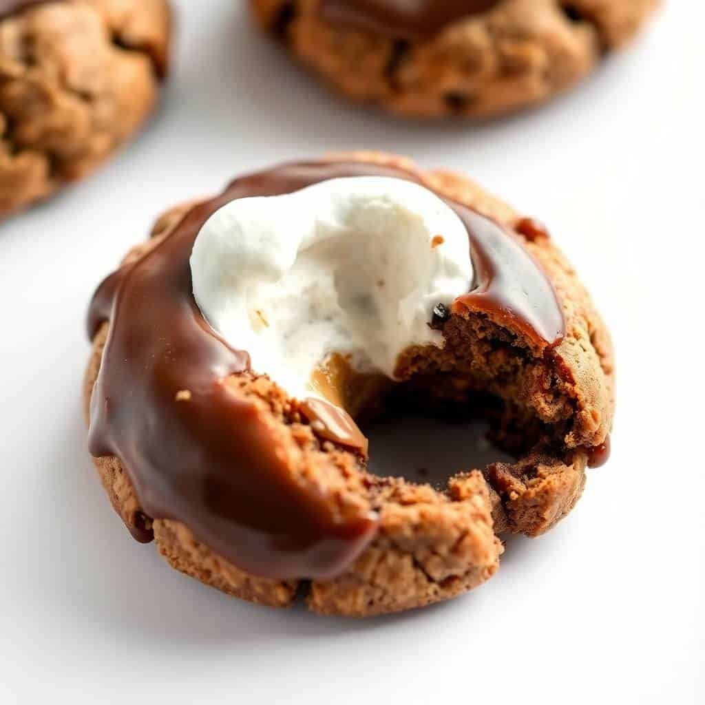 Marshmallow-surprise hot cocoa cookie with chocolate coating and whipped cream topping on white surface.