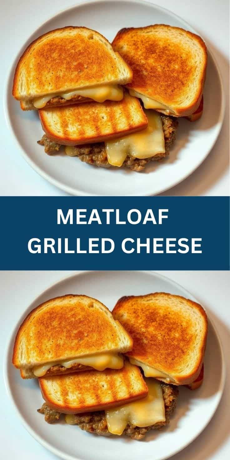 Meatloaf grilled cheese sandwich with melted cheese on toasted bread, plated on white dish.