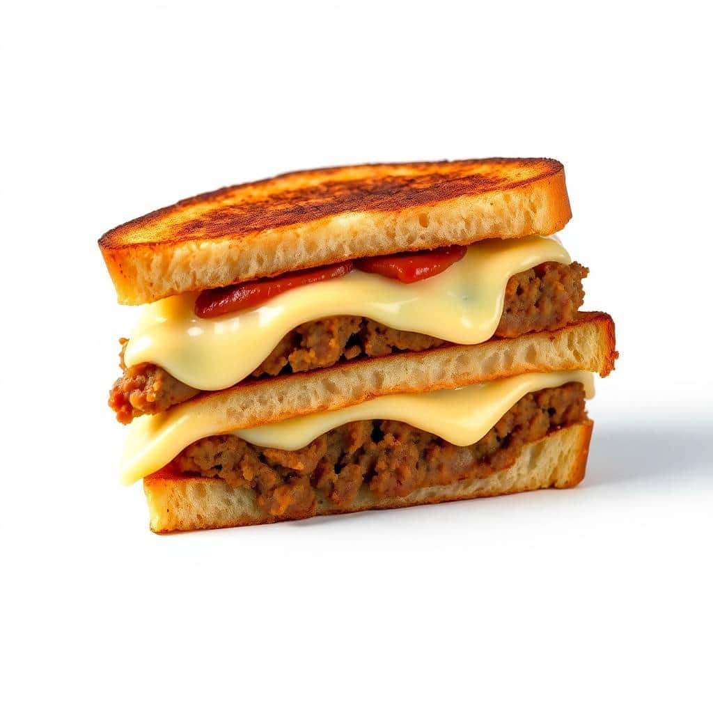 Meatloaf grilled cheese sandwich with melted cheese and ketchup on toasted bread.