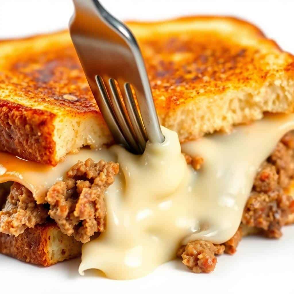 Meatloaf grilled cheese sandwich with melted cheese dripping, topped with crispy golden-brown bread crust.