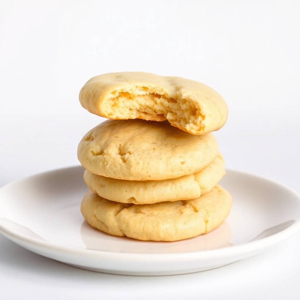 Stack of four golden shortbread cookies on white plate, one broken in half at top.