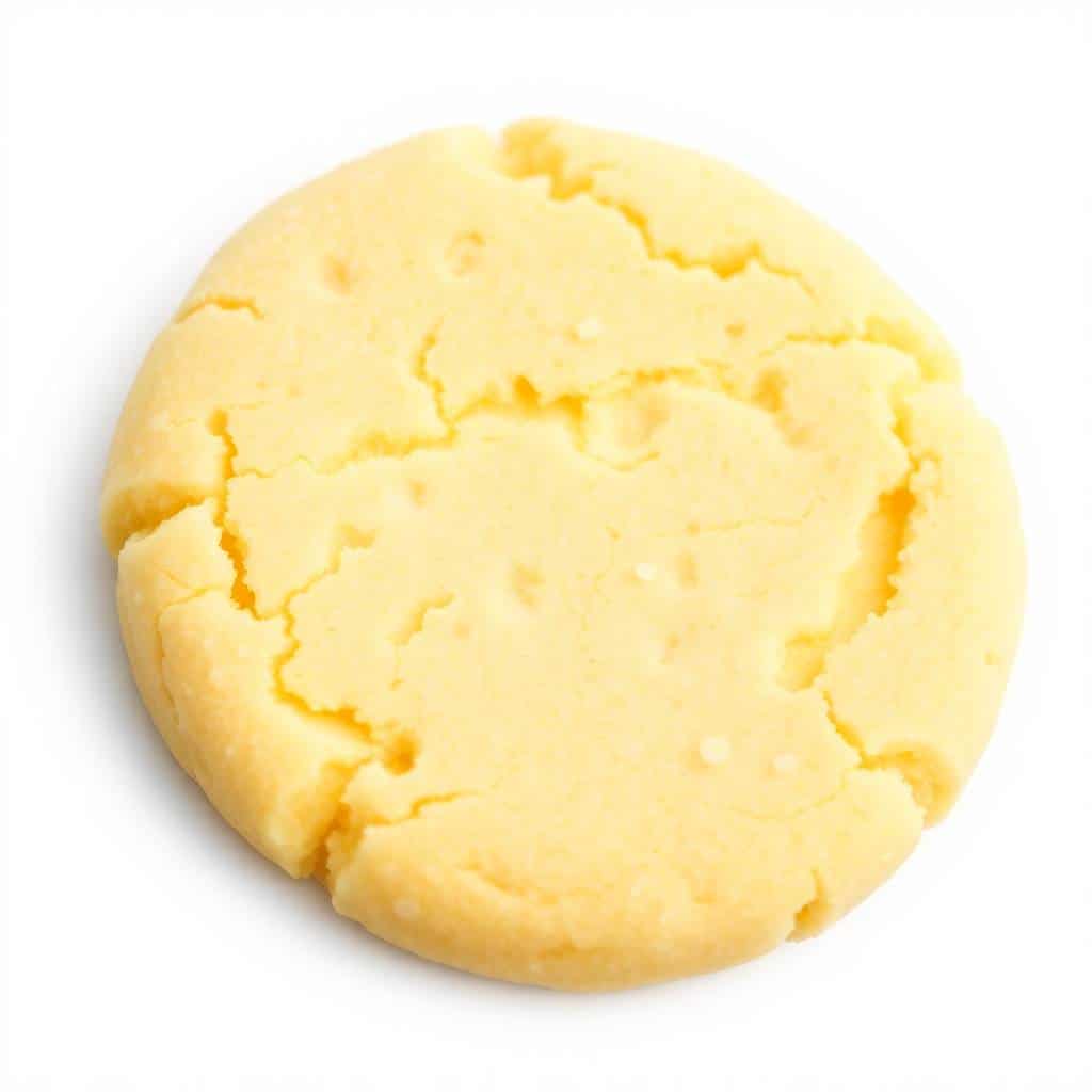 Golden shortbread cookie with cracked surface on white background.