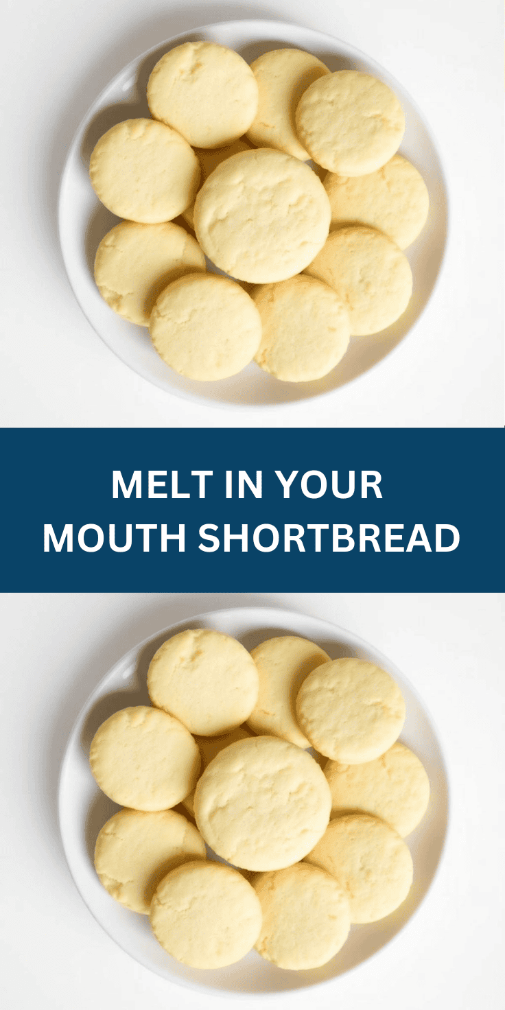 Two plates of golden, round shortbread cookies arranged on white ceramic dishes from above.
