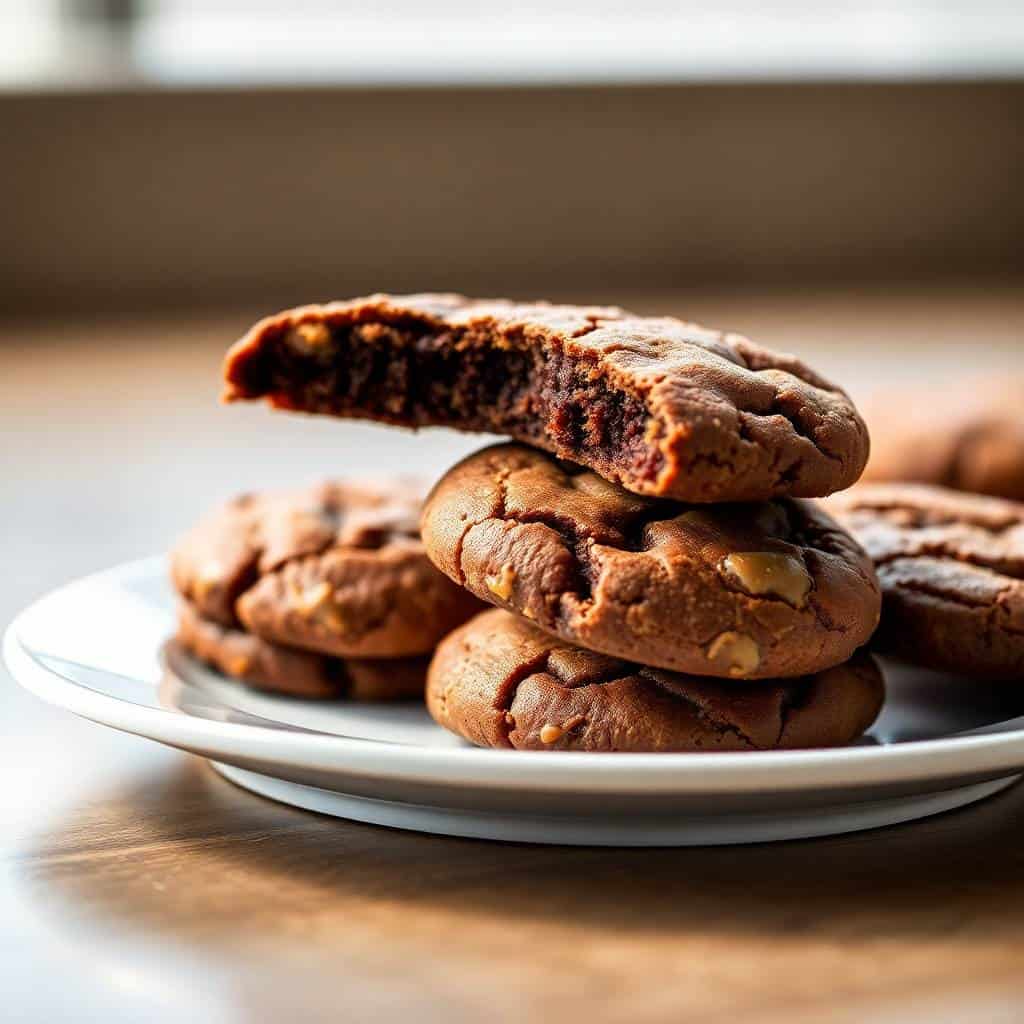 Stacked meltaway brownie cookies on white plate, showing fudgy interior and crackled chocolate surface.