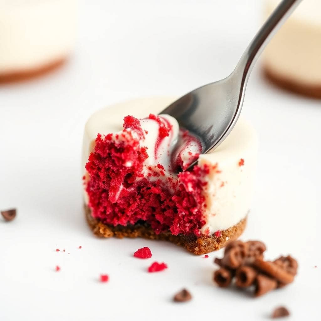 Mini red velvet cheesecake with cream topping and graham cracker crust on fork, chocolate crumbs nearby.